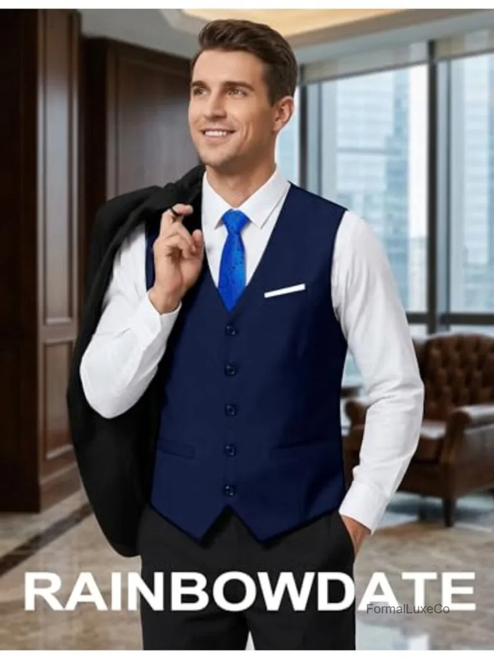 Men's Slim Fit Satin Back Suit Vest 3-Piece Set with Tie & Pocket Square,